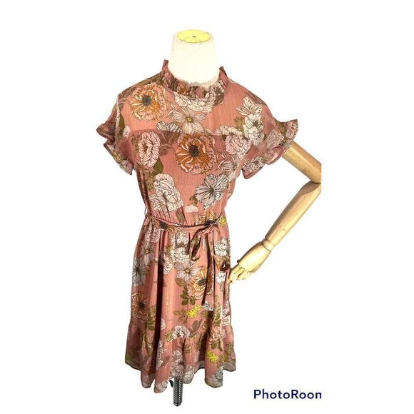 Monteau Los Angeles Floral Belted Dress Ruffle Size Large Metallic Modest - Picture 1 of 14